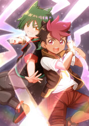 2boys :d absurdres black_jacket black_shoes bracelet brown_eyes brown_vest commentary_request green_hair green_shirt grey_pants grin highres jacket jewelry looking_at_viewer male_focus multicolored_hair multiple_boys open_clothes open_mouth open_vest pants pokemon pokemon_(anime) pokemon_horizons red_shorts roy_(pokemon) shirt shoes short_hair short_sleeves shorts smile sparkle suzushiro_(gripen39) t-shirt teeth two-tone_hair ult_(pokemon) upper_teeth_only vest white_shirt 