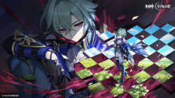  1boy ahoge armor black_gloves blue_cape cape closed_mouth commentary_request copyright_logo copyright_notice earrings flower genshin_impact gloves hair_between_eyes highres holding holding_flower jewelry logo lohen_(genshin_impact) long_sleeves looking_at_viewer male_focus mole mole_under_eye official_art official_wallpaper red_eyes shoulder_armor single_earring solo 