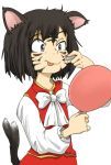  :p animal_ears ascot black_hair blush_stickers cat_ears cat_tail chen facepaint marker mirror multiple_tails no_hat no_headwear ohyo shirt short_hair simple_background skirt skirt_set solo tail tiger tiger_print tongue touhou vest white_background 