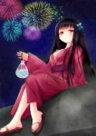  aerial_fireworks bag black_hair breasts brown_eyes fireworks fish goldfish hair_ornament highres japanese_clothes kimono kirimoti34 long_hair looking_down mole open_clothes original sandals sitting sky smile solo star_(sky) starry_sky unmoving_pattern 