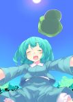  aqua_hair batsu blush closed_eyes hat hat_removed headwear_removed kawashiro_nitori open_mouth outstretched_arms sky smile solo touhou tree 