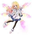  :d black_legwear blonde_hair blue_eyes blush chakram choker coat colette_brunel happy highres izumi_haruri long_hair open_mouth pantyhose setsugekka00 shoes smile solo sparkle tales_of_(series) tales_of_symphonia weapon wings 