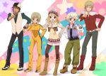  3boys ^_^ bare_shoulders barnaby_brooks_jr belt blonde_hair blush boots bracelet brown_eyes brown_hair brown_legwear bruce_lee&#039;s_jumpsuit bruce_lee's_jumpsuit cabbie_hat closed_eyes earrings eyes_closed facial_hair glasses green_eyes group hare_hare_yukai hat huang_baoling ivan_karelin jacket jewelry kaburagi_t_kotetsu karina_lyle letterman_jacket long_hair male glasses multiple_boys multiple_girls necktie parody pose purple_eyes red_jacket short_hair stubble studded_belt suzumiya_haruhi_no_yuuutsu tears thigh-highs thighhighs tiger_&amp;_bunny vest violet_eyes waistcoat watch wristwatch yamagotta zettai_ryouiki 