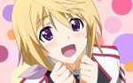  :d blonde_hair blush charlotte_dunois close female happy highres infinite_stratos open_mouth purple_eyes short_hair simple_background smile solo 