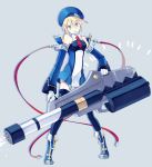  bare_shoulders beret blazblue blonde_hair boots detached_sleeves gatling_gun green_eyes gun hat huge_weapon minigun necktie noel_vermillion pointy_ears ryolove skirt solo thigh-highs thighhighs weapon 