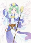  :d agahari angel_wings blue_eyes character_request fennel_nasturtium green_hair hand_on_hat happy hat multiple_wings next_king open_mouth purple_eyes robe sash smile solo staff traditional_media wings 