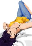  bed breasts brown_eyes camisole casual colored cross dutch_angle highres jewelry katsuragi_misato lips lying necklace neon_genesis_evangelion on_back photoshop purple_hair shorts solo source_request 