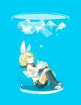  arm_warmers blonde_hair blue blue_eyes bow bubble cup girl_in_a_cup glider_(artist) grin guraida hair_bow hair_ornament hairclip headphones ice ice_cube in_container in_cup kagamine_rin leg_warmers midriff minigirl profile sailor_collar short_hair shorts sitting smile solo underwater vocaloid water 