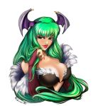  anna_kemushi bare_shoulders bat_wings breasts bridal_gauntlets capcom cleavage darkstalkers elbow_gloves gloves green_eyes green_hair head_wings large_breasts lipstick morrigan_aensland nail_polish solo vampire_(game) wings 