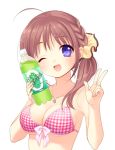  ;d ahoge bikini blue_eyes blush bow braid breasts brown_hair collarbone drink jewelry kayuko mucha necklace open_mouth original piyodera_mucha side_ponytail simple_background smile soda solo swimsuit v wink 
