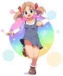  blue_dress blue_eyes blush brown_hair dress hair_ornament happy long_hair open_mouth original running shoes smile solo take_(office-t) twintails 