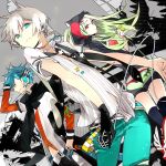  2boys album_cover belt blue_eyes blue_hair contemporary cover dress_shirt dutch_angle earrings green_hair hair_ornament hairclip headphones hoodie jewelry kagamine_len kagamine_rin kaito long_hair macne_nana male multiple_boys necktie piko red_eyes scarf shirt short_hair silver_hair star suou thigh-highs thighhighs vocaloid 