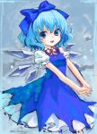  ama-tou blue_eyes blue_hair bow cirno dress hair_bow hands_clasped hands_together ice ice_wings interlocked_fingers outstretched_arms short_hair smile solo stretch touhou v_arms wings 