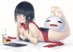  1girl :o ac_(eshi) ball bare_shoulders barefoot bikini black_hair blue_eyes blush breasts cleavage cup doughnut face feet glasses hands legs_up lying on_stomach open_mouth original red-framed_glasses scarf short_hair soles solo steepled_fingers striped striped_bikini striped_swimsuit swimsuit tablet_pc toes 