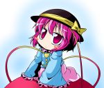  blush_stickers bow cosplay frills hat hat_bow heart ichimi komeiji_koishi komeiji_koishi_(cosplay) komeiji_satori long_sleeves magenta_hair minigirl open_mouth pink_eyes pink_hair shirt short_hair sitting skirt solo third_eye touhou 