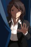  1girl amagami artist_request blazer brown_eyes brown_hair curtains dress_shirt face formal hands highres shadow shirt short_hair skirt skirt_suit solo source_request suit takahashi_maya 