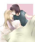  almost_kiss bad_id bed_sheet black_hair blonde_hair blush closed_eyes eyes_closed funami_yui futon highres incipient_kiss multiple_girls mutual_yuri pillow pillow_hug sao_(0060) shared_blanket toshinou_kyouko under_covers yuri yuru_yuri 