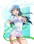  bikini blue_eyes blue_hair hose long_hair original see-through striped striped_bikini striped_swimsuit swimsuit t-shirt tsukishima_chitose water wet wet_clothes wet_t-shirt wink yonecchi 