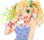  blonde_hair camisole green_eyes happy long_hair mikuru_beam open_mouth original polka_dot scrunchie smile solo star take_(office-t) twintails v wink wristband 