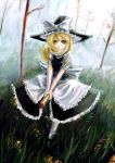  apron blonde_hair blush braid braids broom dress faux_traditional_media flower forest grass hat hiepita_(1014) kirisame_marisa long_hair nature skirt solo touhou tree twintails witch_hat yellow_eyes 