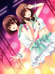  2girls ;d absurdres bracelet brown_eyes brown_hair dutch_angle hata_sawako highres jewelry kimi_to_issho_ni matsushita_yui microphone multiple_girls nishimata_aoi open_mouth skirt smile tagme v wink 