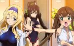  3girls bare_shoulders blonde_hair blush bracelet breast_envy breast_hold breasts brown_hair cecilia_alcott curly_hair embarrassed female highres huang_lingyin infinite_stratos long_hair multiple_girls open_clothes ponytail shinonono_houki smile tears twintails wink 
