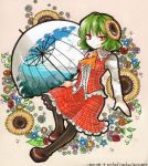  ascot black_legwear brown_legwear dress_shirt flower green_hair kazami_yuuka loafers pantyhose parasol plaid plaid_skirt plaid_vest red_eyes shirt shoes short_hair skirt skirt_set sky sky_print smile socha solo sunflower touhou traditional_media umbrella vest youkai 