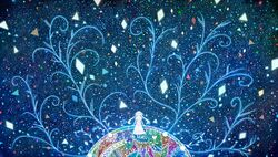  abstract black_eyes bou_nin dress galaxy highres long_hair magic_circle original silver_hair solo space star_(sky) 