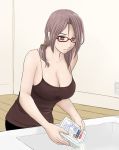  bare_shoulders blue_eyes camisole cleavage copyright_request electric_socket futon_suki glasses large_breasts glasses original purple_eyes purple_hair sink solo tank_top yakisoba 