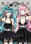  aqua_eyes aqua_hair armlet bare_shoulders black_dress blue_eyes blue_hair bracelet breasts butterfly_hair_ornament choker cleavage cocoon_(loveririn) dress duo elbow_gloves flower gem gloves hair_flower hair_ornament hairband halterneck hat hatsune_miku headphones highres jewelry lace lips long_hair magnet_(vocaloid) megurine_luka mini_top_hat multiple_girls nail_polish necklace pantyhose pink_hair rose short_dress sleeveless thigh-highs top_hat twintails vertical-striped_legwear vertical_stripes very_long_hair vocaloid wavy_hair white_rose 