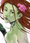  bad_id bare_shoulders batman_(series) brown_hair dc_comics female flower gloves green_eyes green_lips green_skin hair_flower hair_in_mouth hair_ornament himegami_shino long_hair orange_hair poison_ivy raykon rose shino_himegami solo 