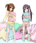  2girls brown_eyes brown_hair casual duo footwear heart heart_print hirasawa_yui k-on! long_hair loose_socks nakano_azusa paw_print pillow pillow_hug polka_dot pyjamas short_hair shorts side_ponytail socks striped sweater twintails yuki_(sangeki5806) 