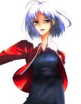  ahoge blue_eyes blue_hair fur_trim highres jacket japanese_clothes kara_no_kyoukai kimono negiko obi red_jacket ryougi_shiki short_hair simple_background smile solo type-moon white_background 