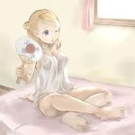  bare_shoulders barefoot bed blonde_hair blue_eyes bottomless breasts cleavage collarbone curtains double_bun fan feet highres indian_style large_breasts lingerie long_hair no_pants on_bed open_mouth original paper_fan sitting soles solo strap_slip sweatdrop t-shirt toes uchiwa underwear window wink yuzu-p 