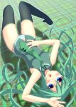  blue_eyes blush green_hair hand_on_hip hatsune_miku hips long_hair necktie no_pants open_mouth oruton panties solo striped striped_panties thigh-highs thighhighs twintails underwear upside-down very_long_hair vocaloid 