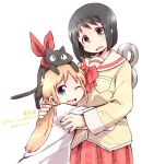  animal_on_head black_eyes black_hair blonde_hair blue_eyes cat child columns_ke hakase_(nichijou) hug multiple_girls nichijou professor_shinonome sakamoto_(nichijou) scarf school_uniform shinonome_nano winding_key 