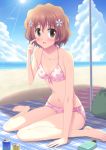  bikini brown_eyes brown_hair collarbone hanasaku_iroha hinata_keiichi matsumae_ohana polka_dot polka_dot_bikini polka_dot_swimsuit shade short_hair sitting soda_can swimsuit wariza 