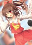  armpits blush bow brown_eyes brown_hair detached_sleeves hair_bow hair_tubes hakurei_reimu highres long_sleeves miko open_mouth oruton outstretched_arms shirt skirt skirt_set smile solo touhou wink yin_yang 