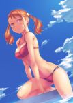  ano_hi_mita_hana_no_namae_wo_bokutachi_wa_mada_shiranai bikini blue_sky blush breasts brown_eyes cleavage cloud curvy dutch_angle earrings highres jewelry legs lens_flare midriff nanakusa navel one_knee orange_hair pool poolside skindentation sky solo strap_gap swimsuit twintails water 