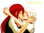  braid closed_eyes eyes_closed happy happy_birthday hong_meiling hug izayoi_sakuya kyouno multiple_girls open_mouth red_hair redhead simple_background the_embodiment_of_scarlet_devil touhou white_hair 