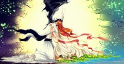  bare_shoulders barefoot black_hair black_wings bleach closed_eyes couple crying dress espada eyes_closed flower hair_ornament hairclip highres horns hug inoue_orihime jewelry kneeling long_hair orange_hair resurreccion rusky scarf spoilers tears ulquiorra_cifer water wings 