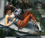  bandage bare_shoulders boots brown_hair chell closed_eyes clothes_writing eyes_closed grass jumpsuit long_hair lying mami1210 on_back personality_core ponytail portal portal_2 sage_(artist) sage_(mami1210) wheatley 