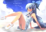 1girl alternate_costume alternate_hair_length alternate_hairstyle arm_support bare_shoulders blue_eyes blue_hair blush bow cirno cloud dress hair_bow hair_down knees_together_feet_apart legs long_hair mary_janes mouth_hold no_panties object_in_mouth shin_(new) shoes sitting sky solo sweat touhou translated very_long_hair wings 