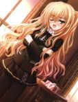  1girl ;o absurdres black_legwear blonde_hair blush crossed_arms dutch_angle fang gift green_eyes highres kimi_to_issho_ni norita pantyhose sasano_eri school_uniform tagme tsundere wink 