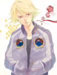  blonde_hair hands_in_pockets ivan_karelin jacket letterman_jacket male purple_eyes purple_jacket short_hair solo tegaki tiger_&amp;_bunny uniinu 