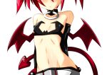 demon_girl demon_tail demon_wings disgaea etna fang flat_chest fumihiro head_out_of_frame midriff navel nippon_ichi red_hair redhead simple_background solo tail white wings