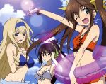  3girls :d ;d bikini bikini_skirt black_eyes black_hair blonde_hair blue_eyes blush body_blush breast_suppress breasts brown_hair cecilia_alcott cleavage drill_hair fang front-tie_top green_eyes hair_ribbon hairband happy huang_lingyin infinite_stratos innertube long_hair looking_at_viewer multiple_girls navel ponytail ribbon sarong shinonono_houki smile swimsuit twintails wink 