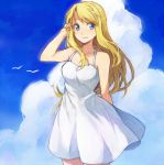  bad_id bare_shoulders blonde_hair blue_eyes cloud dress fullmetal_alchemist hair_down halterneck long_hair riru short_dress sky sleeveless solo sundress white_dress wind winry_rockbell 