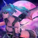  aqua_eyes bat_wings blue_eyes breasts cleavage elbow_gloves gloves green_eyes green_hair midriff moon night ponytail rabbit19 smile solo sonika sunglasses vocaloid wings 