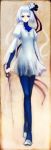  1girl blue_hair character_request copyright_request dress flower goroo hair_flower hair_ornament long_hair long_legs long_sleeves looking_at_viewer original rose see-through serious solo sword twintails walking weapon white_dress white_rose 